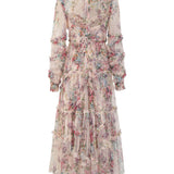 Bishop Sleeve Floral Tulle Ruffle Dress - Opulent Empire