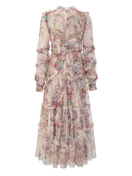 Bishop Sleeve Floral Tulle Ruffle Dress - Opulent Empire