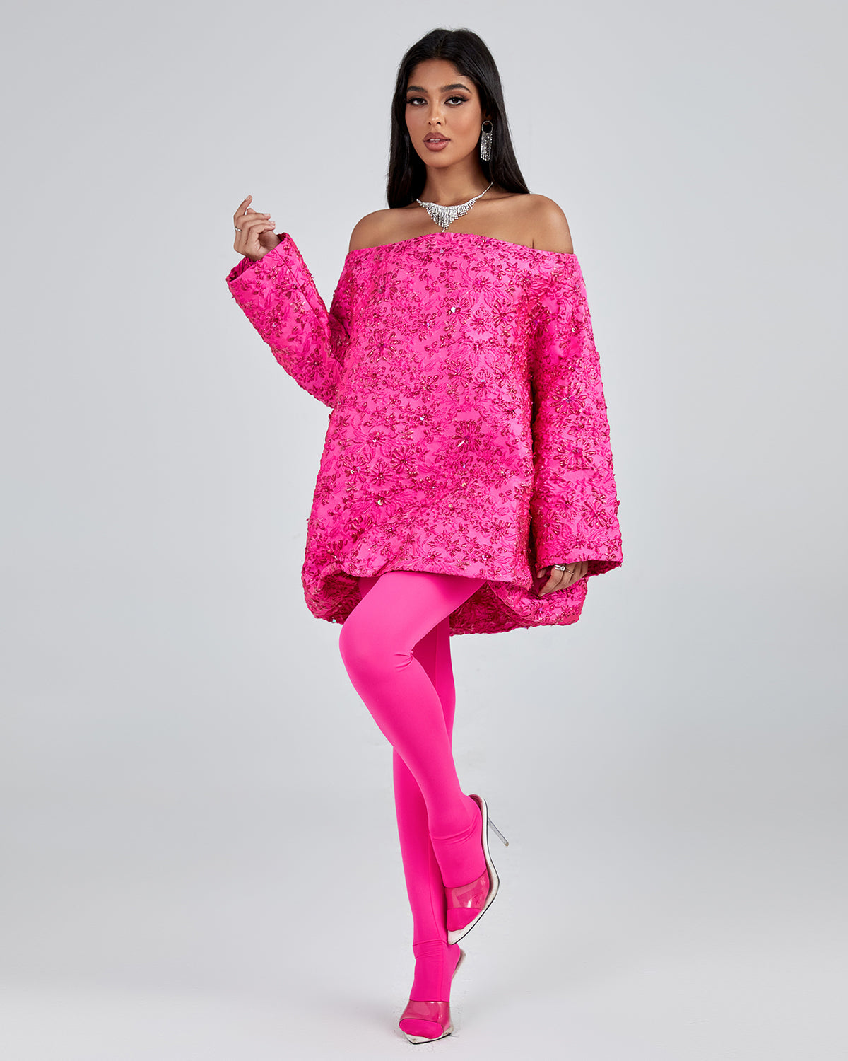 Loose Jacquard Off-Shoulder Dress for a Trendy and Casual Style