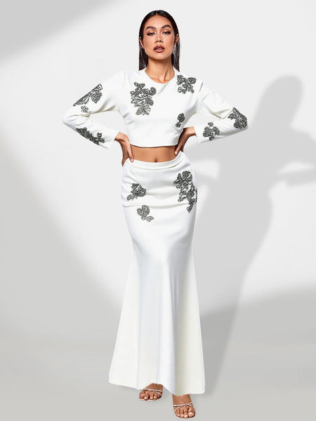 Elegant lace set with crystals, high waist, and mermaid skirt