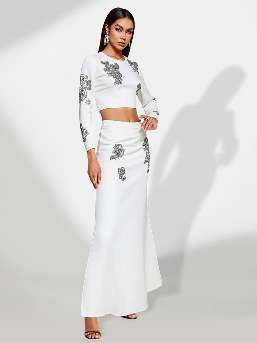 Elegant lace set with crystals, high waist, and mermaid skirt