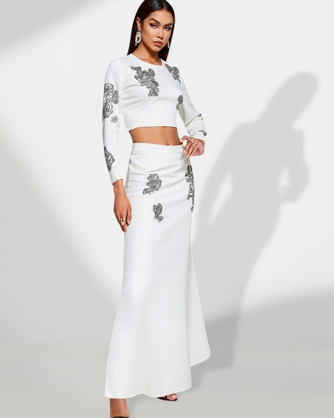 Elegant lace set with crystals, high waist, and mermaid skirt