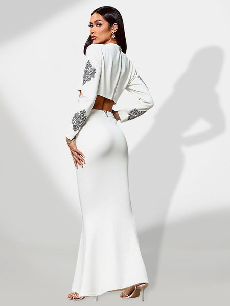 Elegant lace set with crystals, high waist, and mermaid skirt