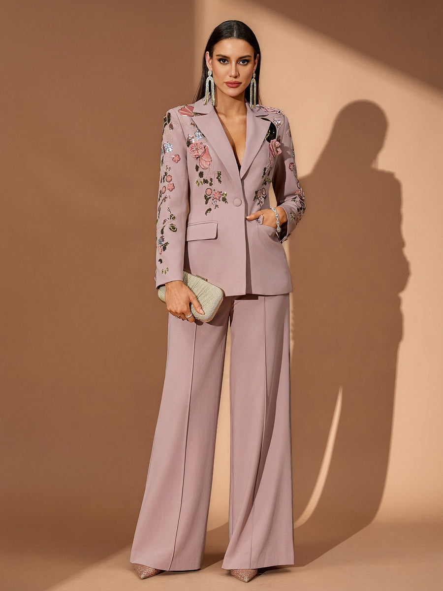 Sequin Floral Embroidery Couture Fall Suit