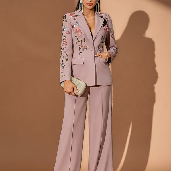 Sequin Floral Embroidery Couture Fall Suit