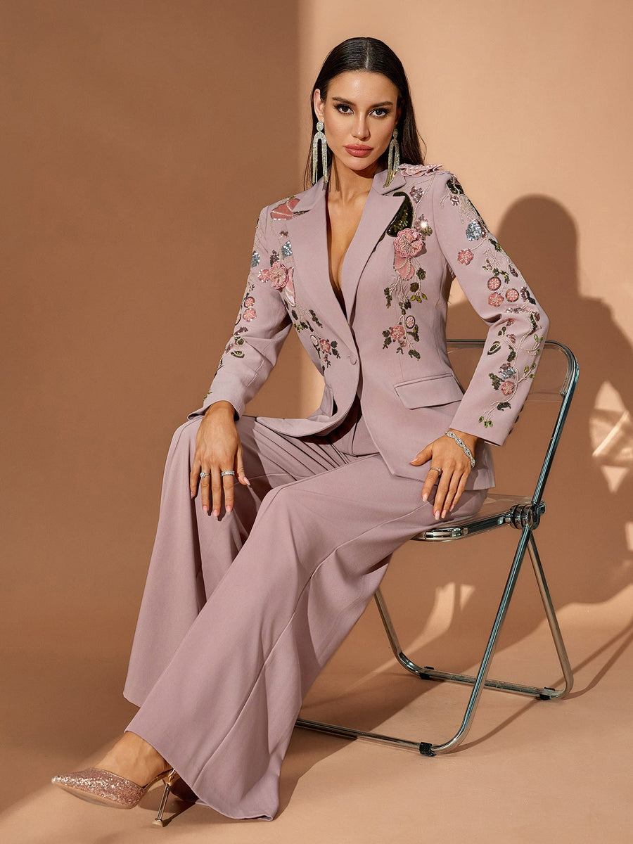 Sequin Floral Embroidery Couture Fall Suit