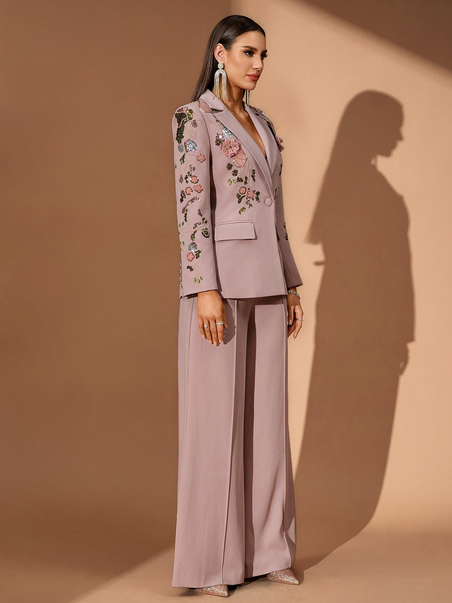 Sequin Floral Embroidery Couture Fall Suit