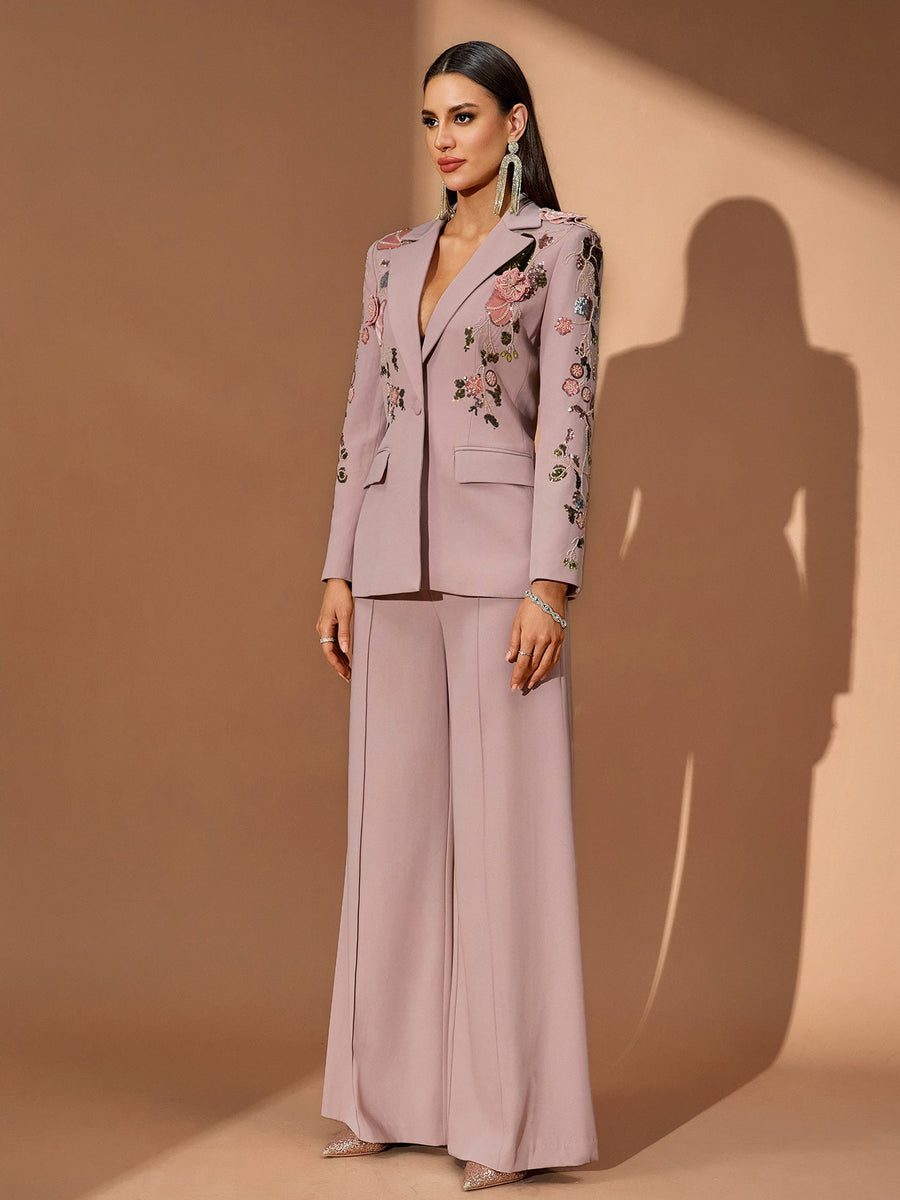 Sequin Floral Embroidery Couture Fall Suit