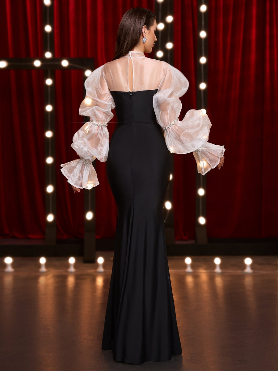 Crystal Embellished Puff Sleeve Fishtail Dress