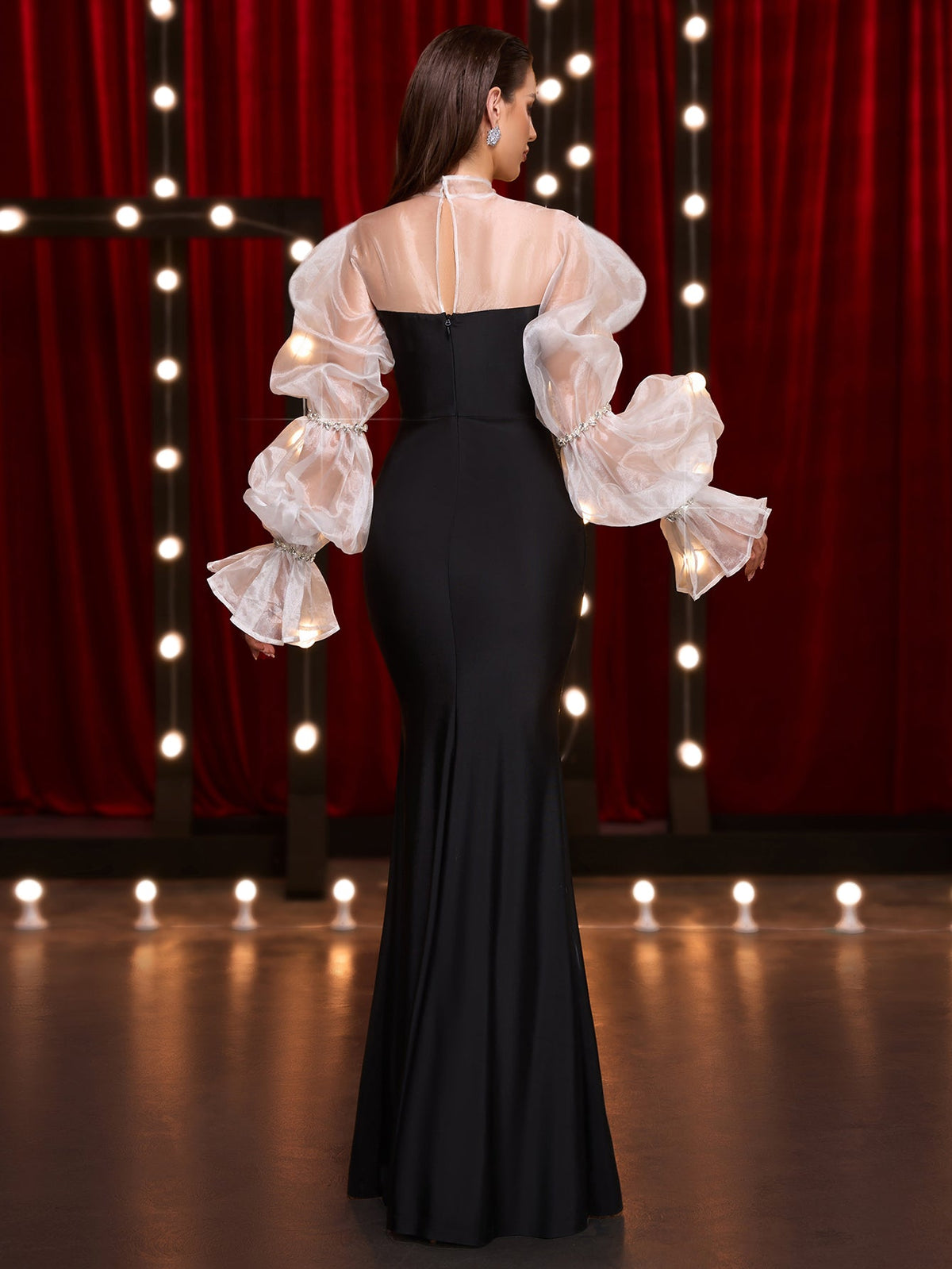 Crystal Embellished Puff Sleeve Fishtail Dress