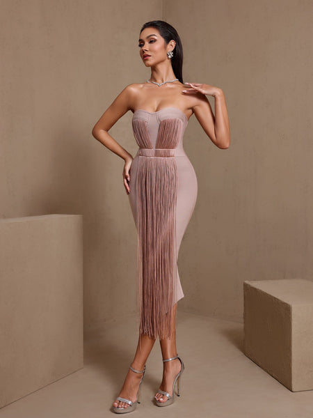 Strapless High Waist Tassels Bandage Dress