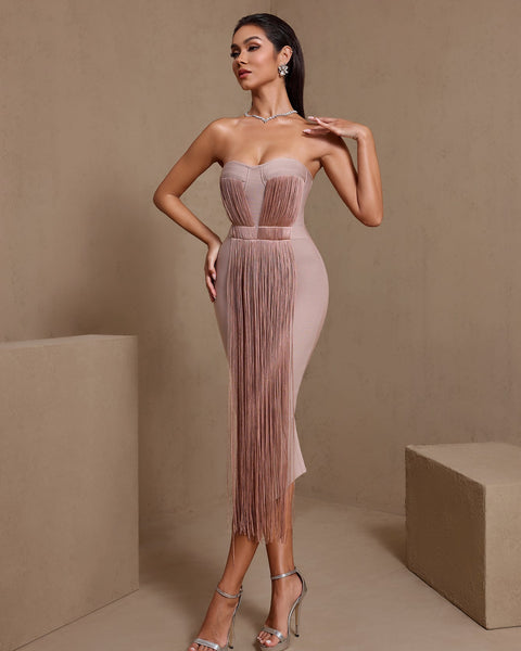 Strapless High Waist Tassels Bandage Dress