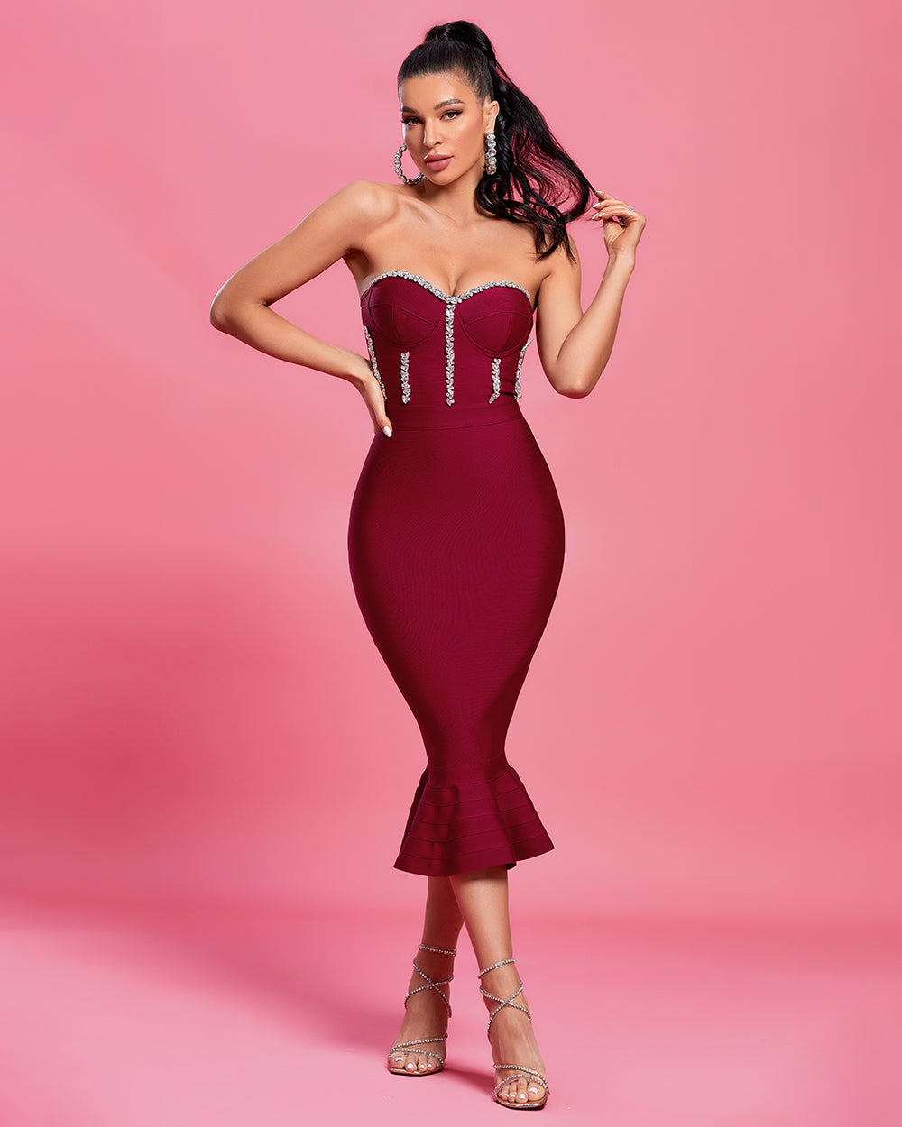 Strapless Crystal Midi Fishtail Bandage Dress