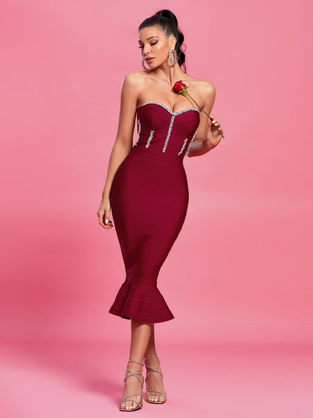 Strapless Crystal Midi Fishtail Bandage Dress - Opulent Empire