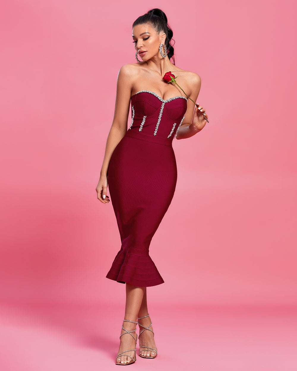 Strapless Crystal Midi Fishtail Bandage Dress