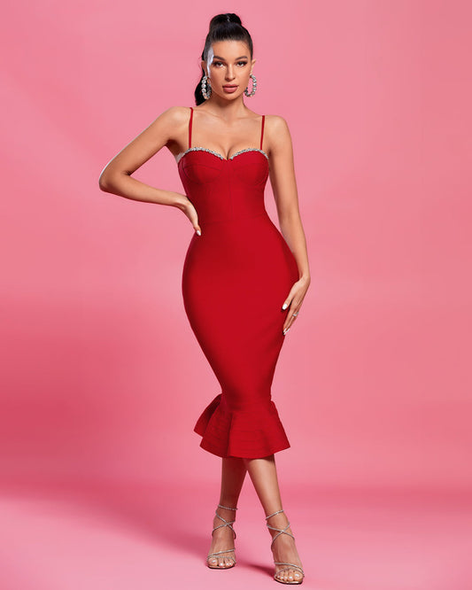 Glistening Crystal-Embellished Strappy Midi Fishtail Dress - Opulent Empire
