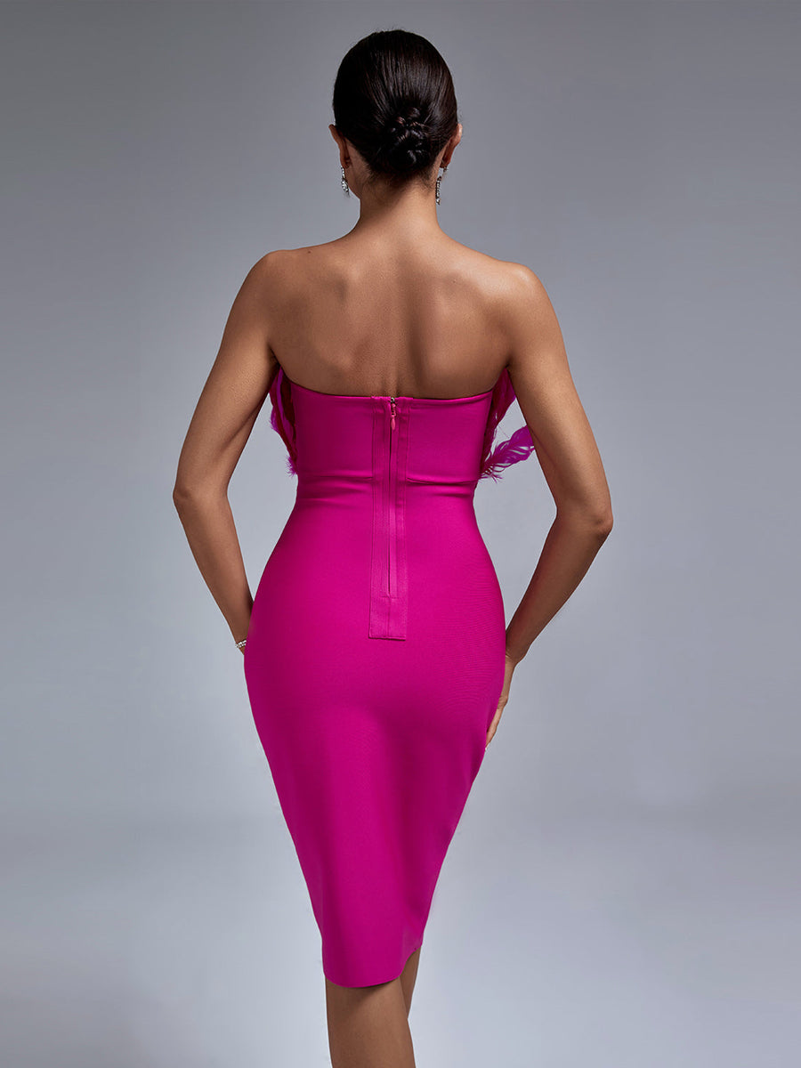 Elegant Strapless Feather-Trim Midi Bandage Dress