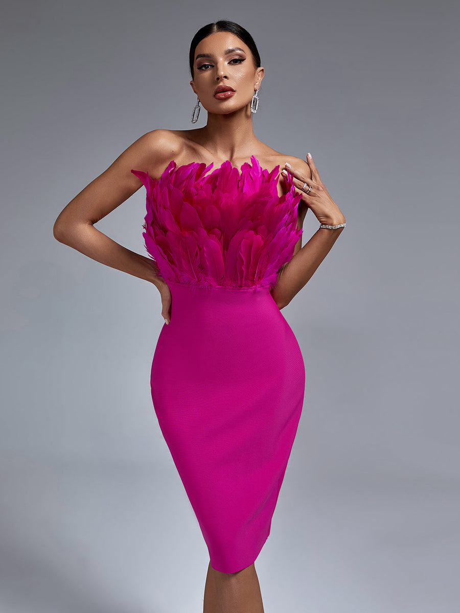 Elegant Strapless Feather-Trim Midi Bandage Dress