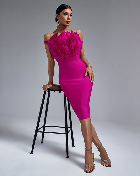 Elegant Strapless Feather-Trim Midi Bandage Dress - Opulent Empire