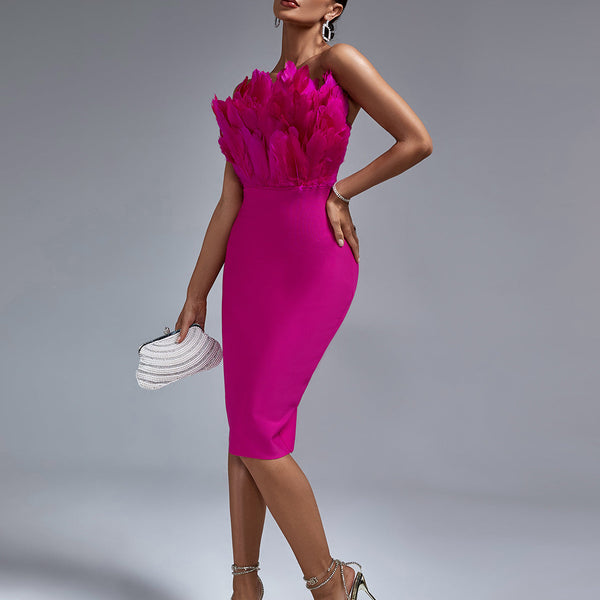 Elegant Strapless Feather-Trim Midi Bandage Dress