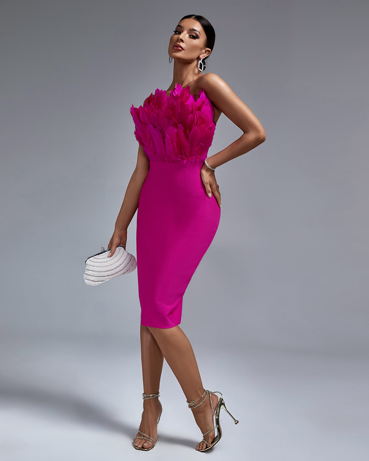 Elegant Strapless Feather-Trim Midi Bandage Dress