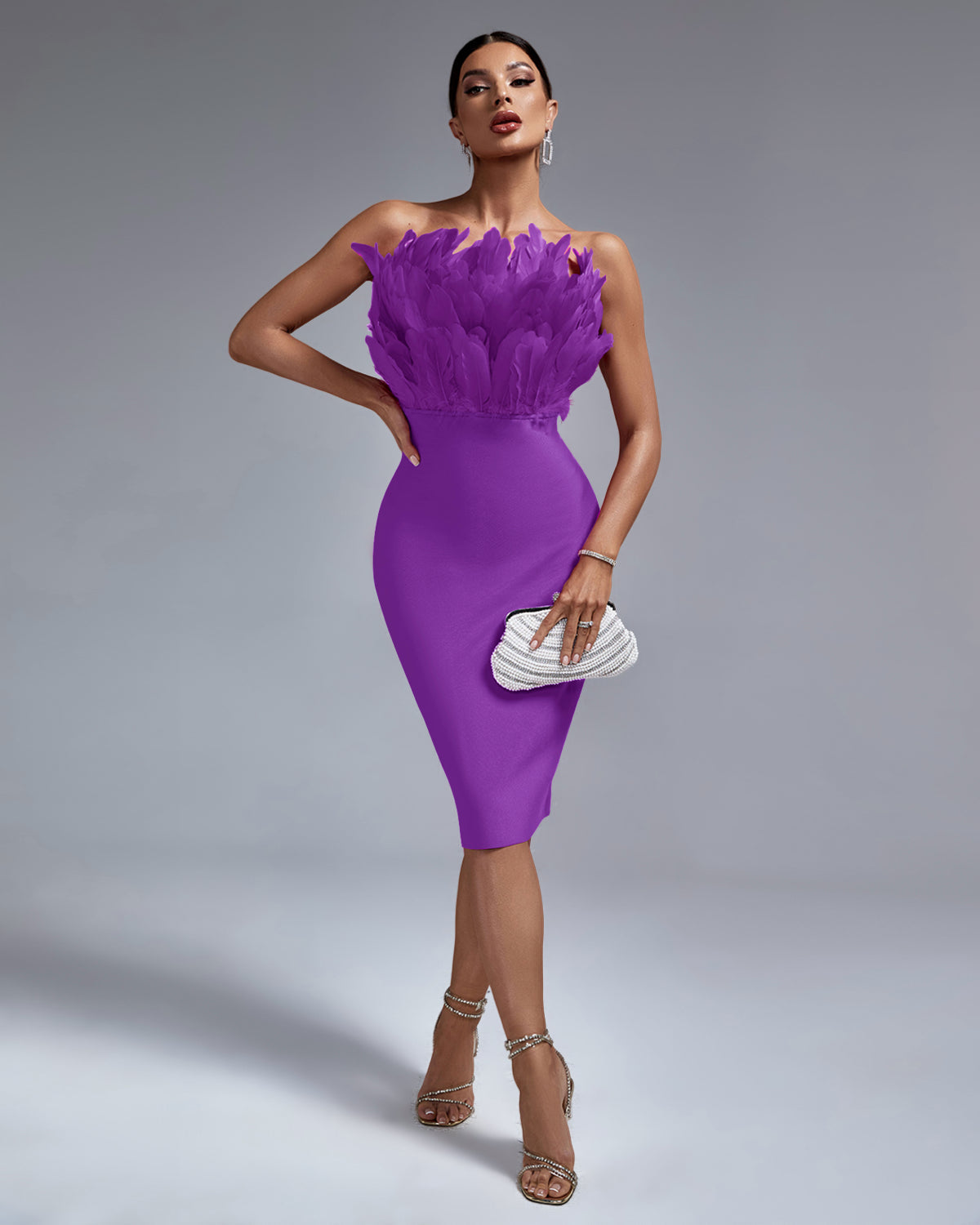 Elegant Strapless Feather Trim Midi Bandage Dress Opulent Empire