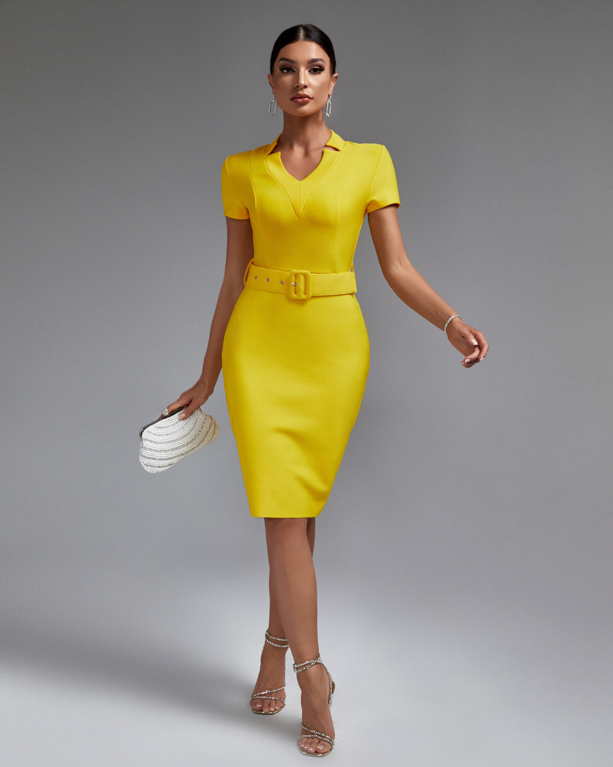 Isadora Beaumont — V Neck Short Sleeve With Belt Bandage Dress, alternate view 3