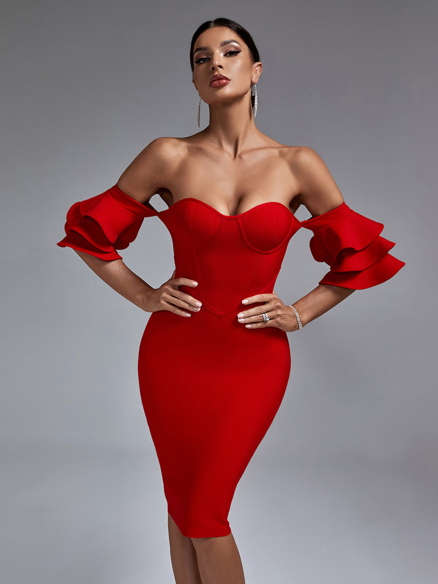 Elegant Waterfall Sleeves Off-Shoulder Bandage Dress - Opulent Empire