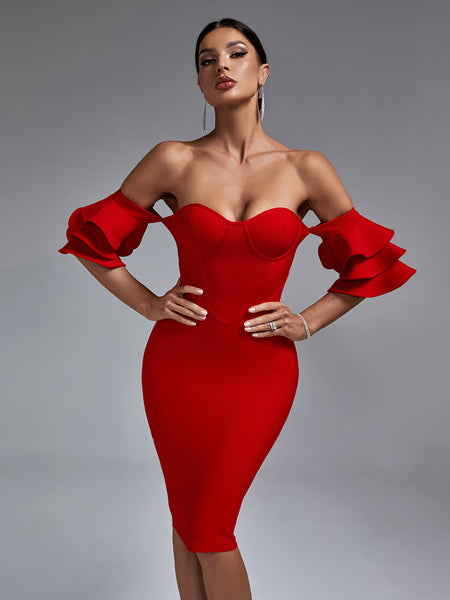 Elegant Waterfall Sleeves Off-Shoulder Bandage Dress - Opulent Empire
