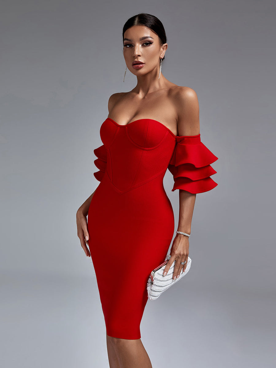 Elegant Waterfall Sleeves Off-Shoulder Bandage Dress