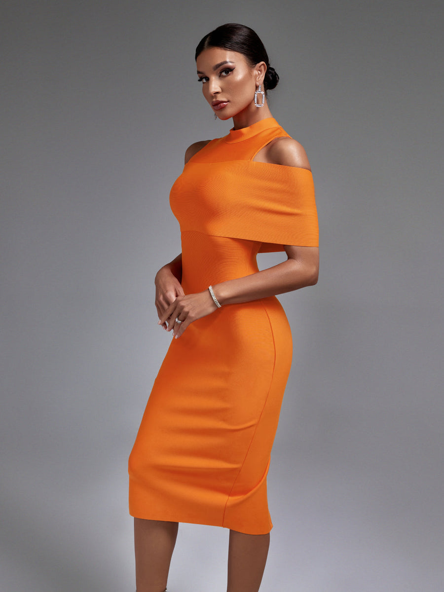 Chic Cold-Shoulder Mock Neck Bandage Dress for Effortless Elegance - Opulent Empire