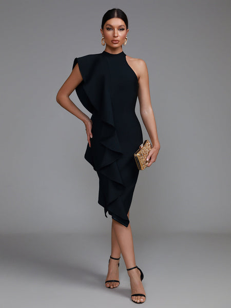 Chic Asymmetric Ruffle Midi Bandage Dress