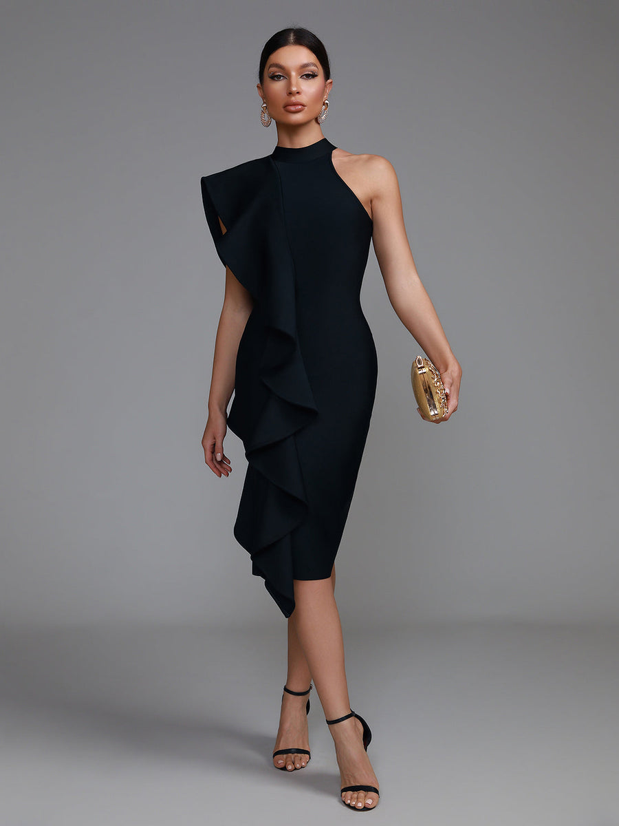 Chic Asymmetric Ruffle Midi Bandage Dress