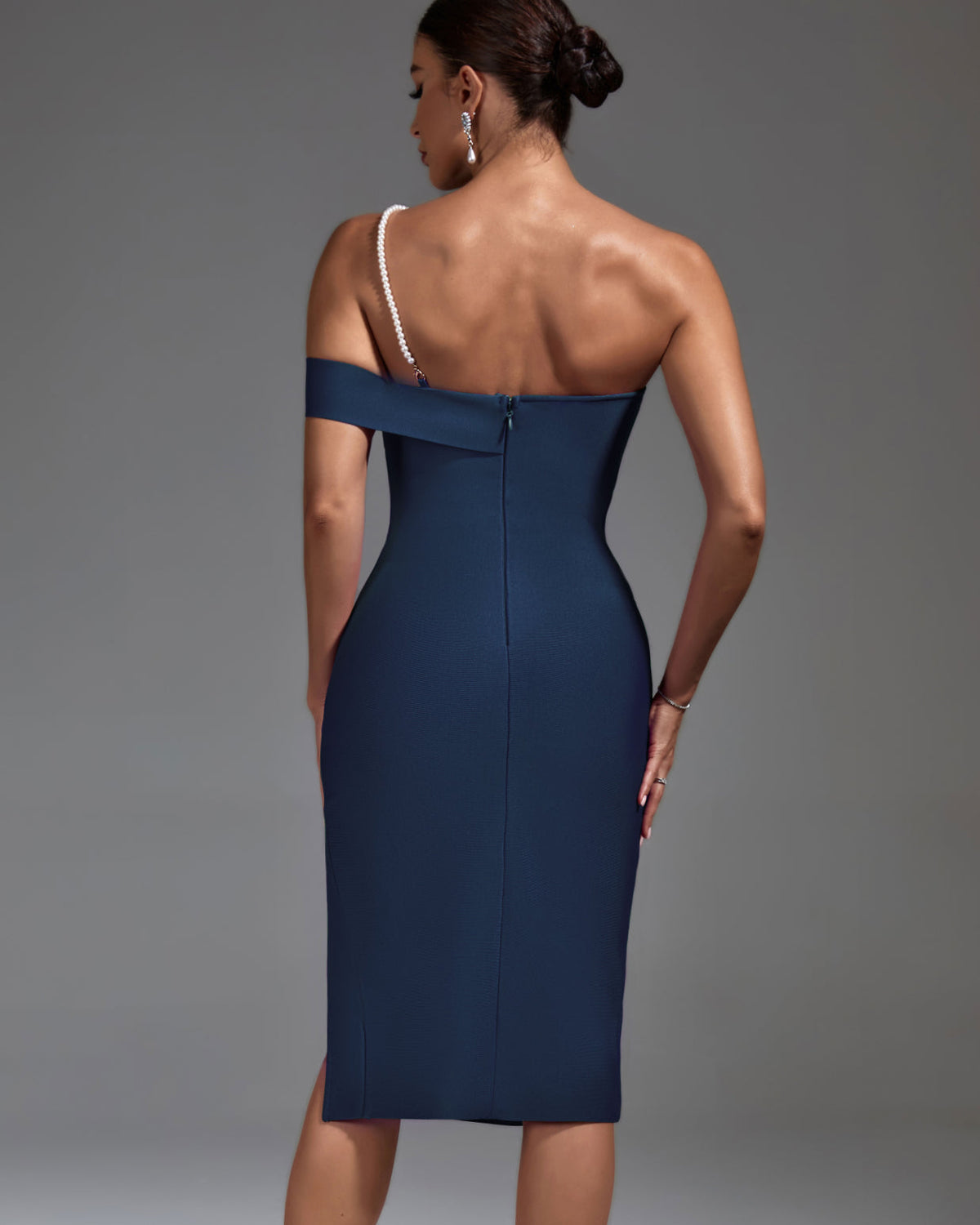 Estelle Beaumont — One Shoulder Pearl Chain Midi Bandage Dress, alternate view 3