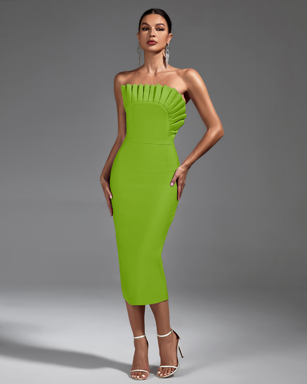 Chic Strapless Pleated Midi Bandage Dress for Effortless Elegance