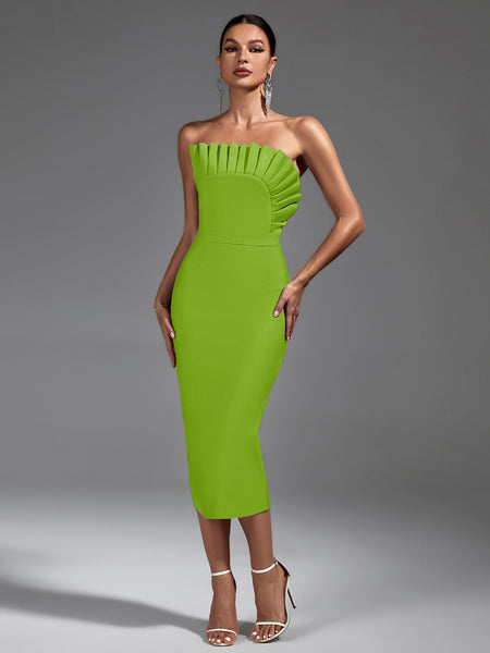 Chic Strapless Pleated Midi Bandage Dress for Effortless Elegance - Opulent Empire
