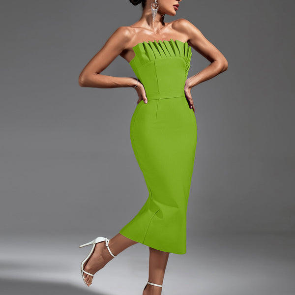 Chic Strapless Pleated Midi Bandage Dress for Effortless Elegance