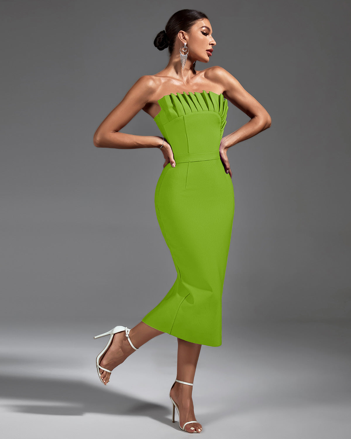 Chic Strapless Pleated Midi Bandage Dress for Effortless Elegance