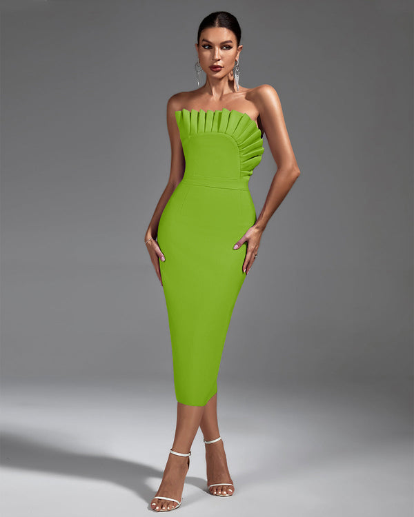 Chic Strapless Pleated Midi Bandage Dress for Effortless Elegance