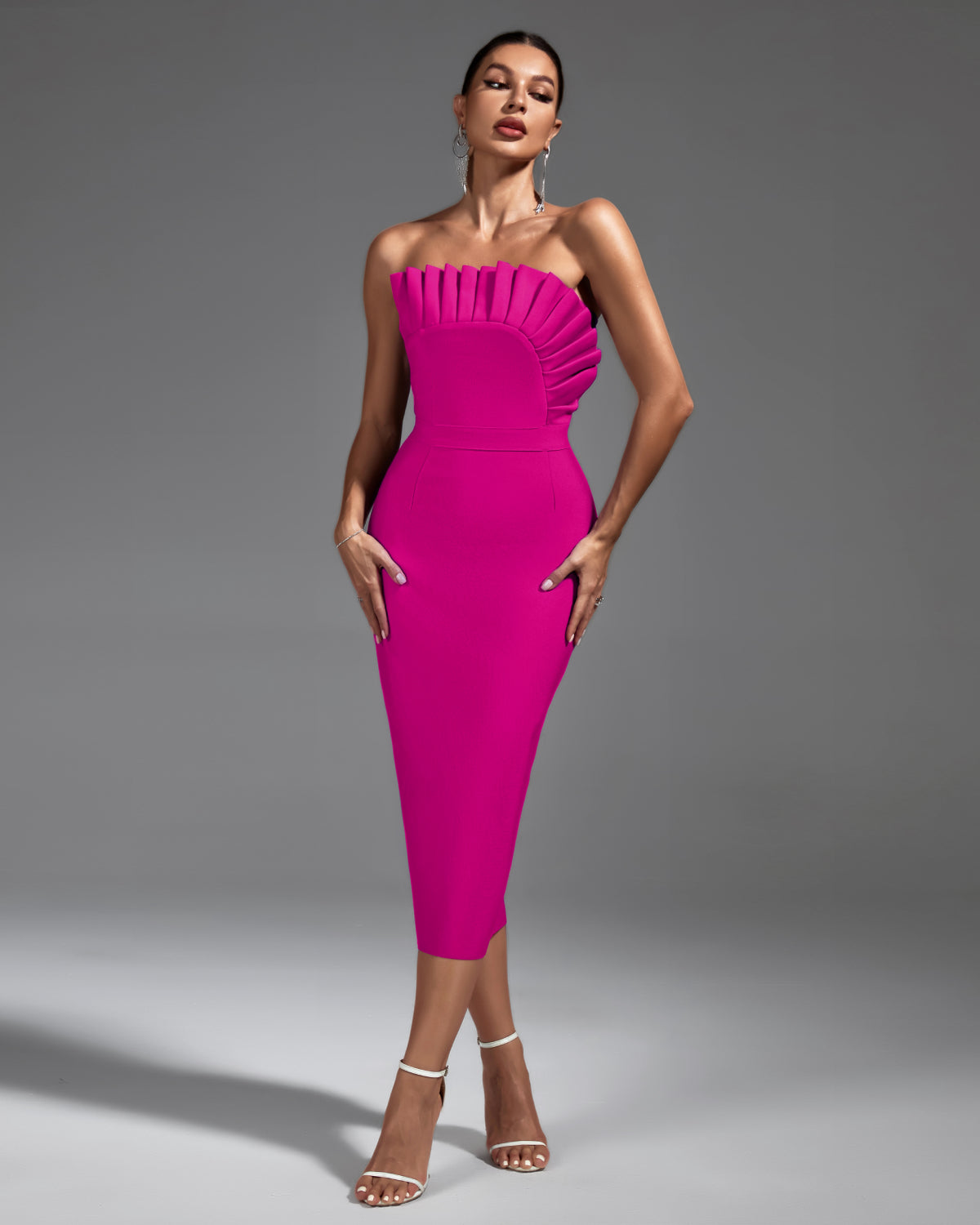 Chic Strapless Pleated Midi Bandage Dress for Effortless Elegance