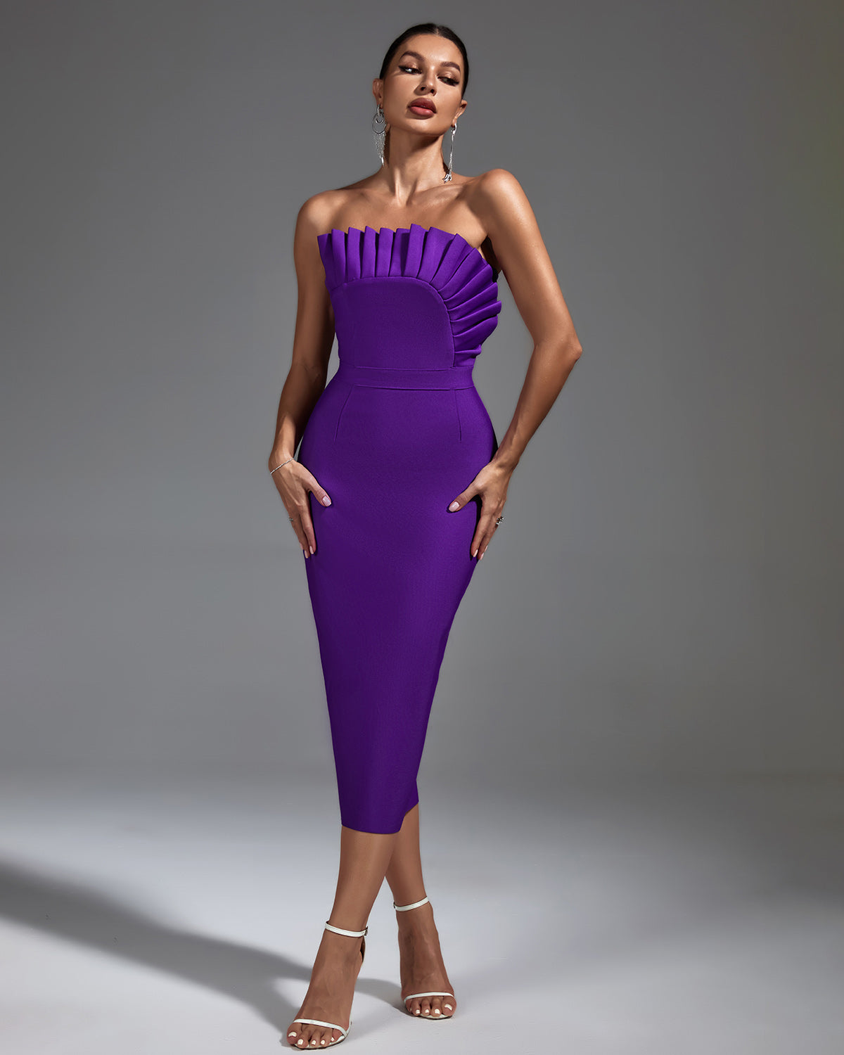 Chic Strapless Pleated Midi Bandage Dress for Effortless Elegance