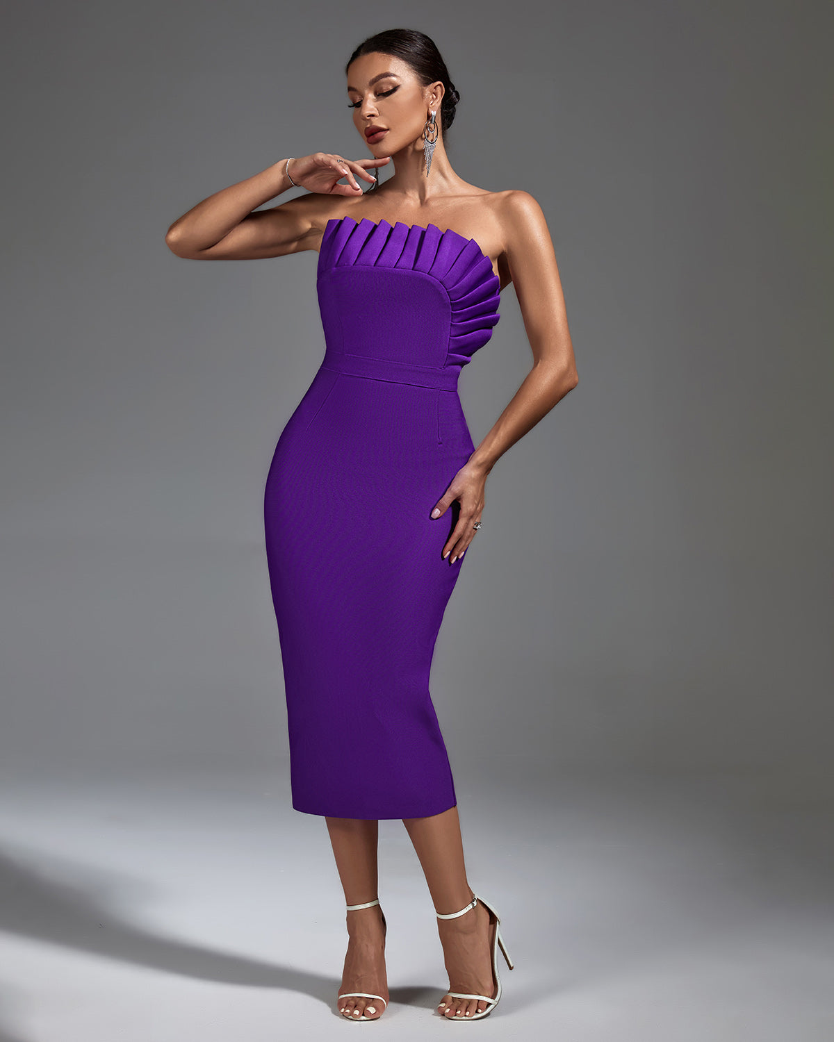 Chic Strapless Pleated Midi Bandage Dress for Effortless Elegance