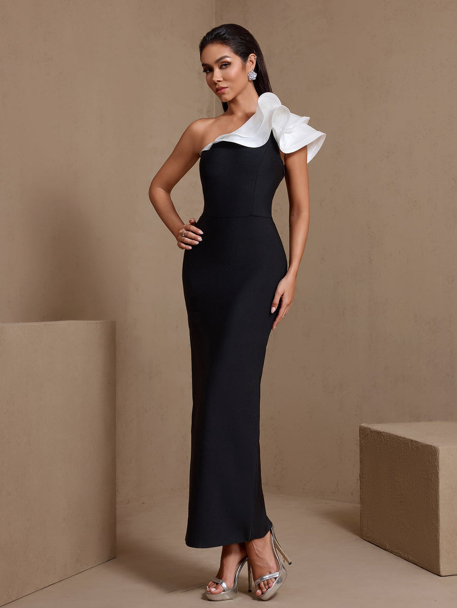 Mireille Rivière — Asymmetric Ruffled Side-Slit Bandage Dress