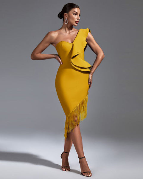 One Shoulder Tassels Midi Bandage Dress - Opulent Empire