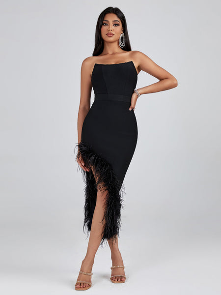 Strapless Feather Trim Midi Bandage Dress