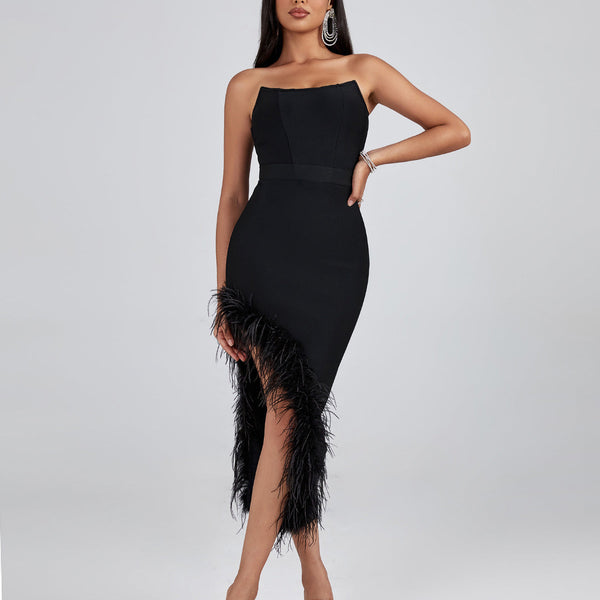 Strapless Feather Trim Midi Bandage Dress