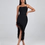 Strapless Feather Trim Midi Bandage Dress