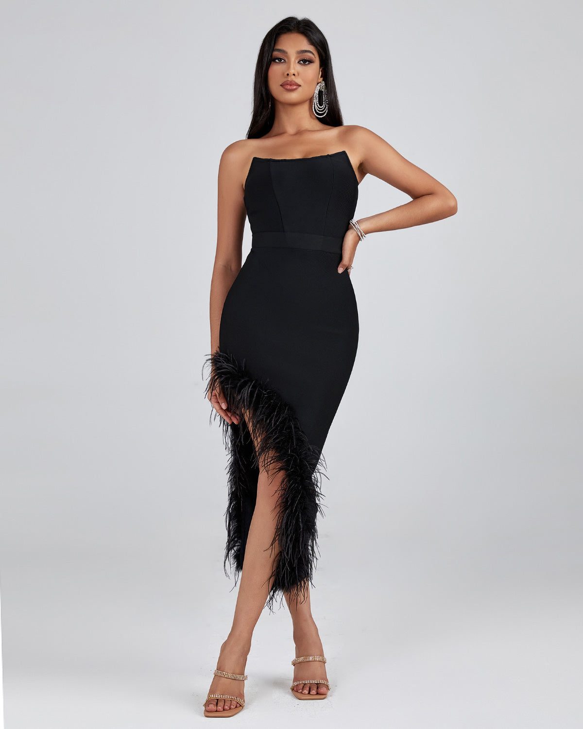 Octavia — Strapless Feather Trim Midi Bandage Dress