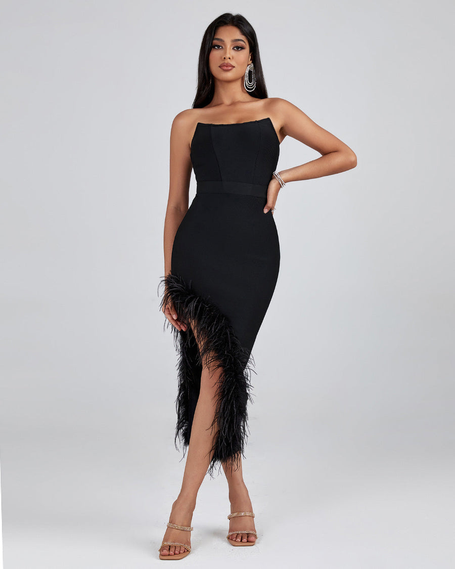 Octavia — Strapless Feather Trim Midi Bandage Dress