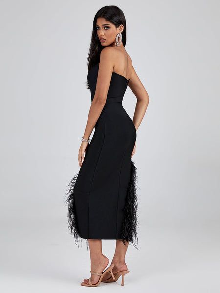 Strapless Feather Trim Midi Bandage Dress